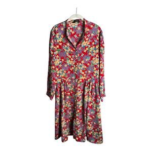 Deborah Lyons Red Long Sleeve Floral Midi Dress Pearl Buttons 8